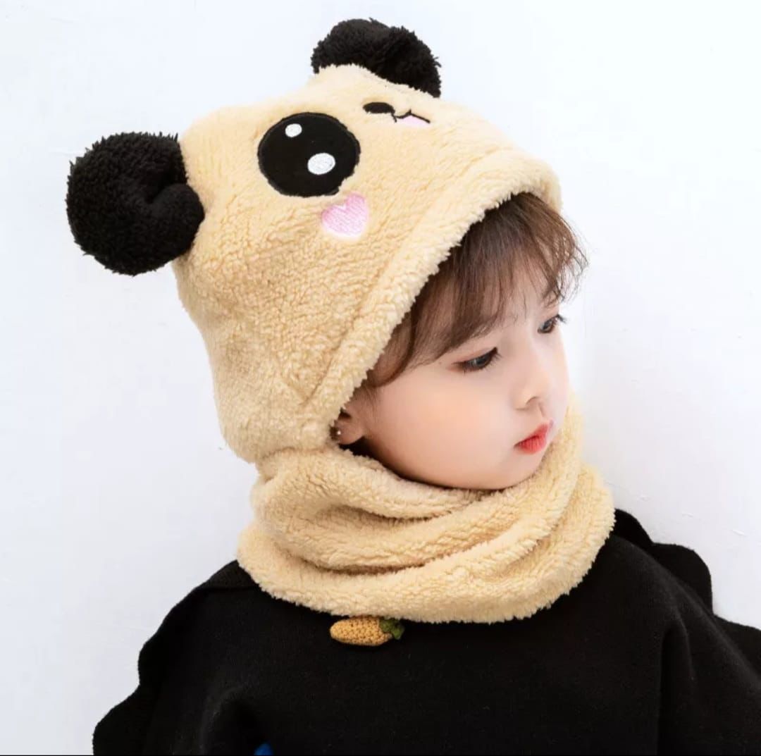 Kids Winter Panda Wool Cap with Neck Warmer | Cute Cartoon Panda Baby Cap (Random Color)
