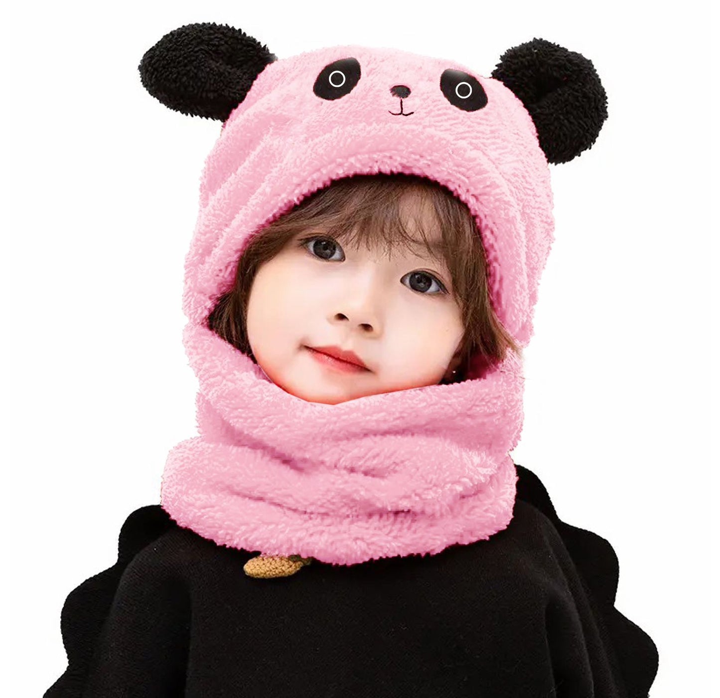 Kids Winter Panda Wool Cap with Neck Warmer | Cute Cartoon Panda Baby Cap (Random Color)