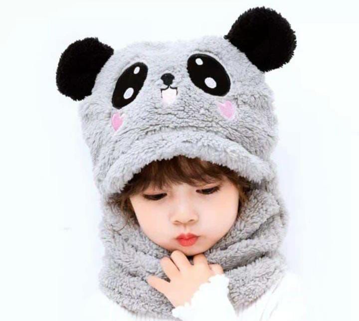 Kids Winter Panda Wool Cap with Neck Warmer | Cute Cartoon Panda Baby Cap (Random Color)