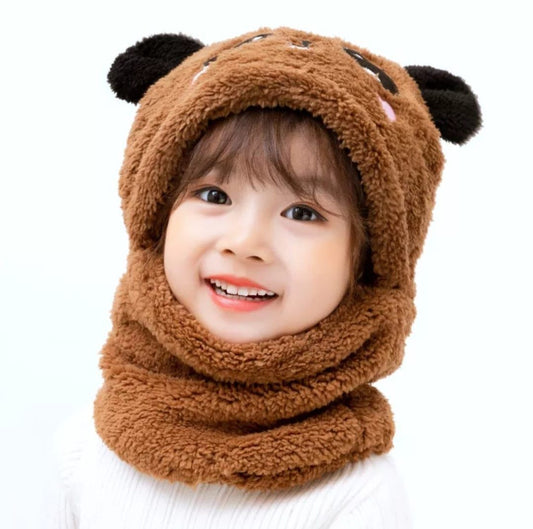 Kids Winter Panda Wool Cap with Neck Warmer | Cute Cartoon Panda Baby Cap (Random Color)