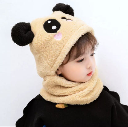 Kids Winter Panda Wool Cap with Neck Warmer | Cute Cartoon Panda Baby Cap (Random Color)