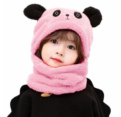 Kids Winter Panda Wool Cap with Neck Warmer | Cute Cartoon Panda Baby Cap (Random Color)